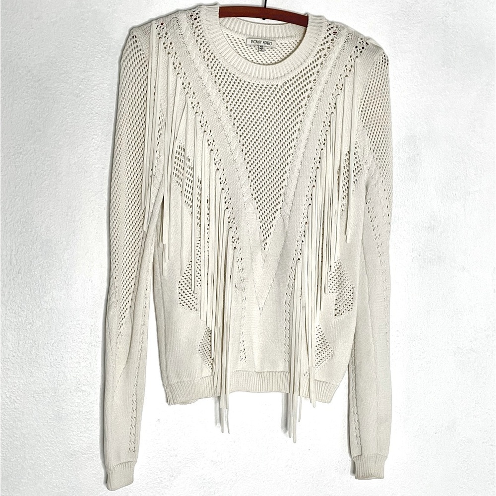 Ronny Kobo Fringe Saskatoon Crew Neck Sweater in Bone. Size XS